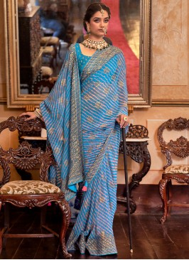 Contemporary Deep Sky Blue Georgette Saree