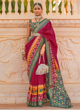 Classic Magenta and Green Handwork Patola Silk Saree