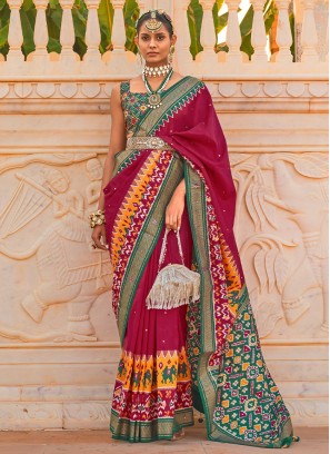 Classic Magenta and Green Handwork Patola Silk Saree