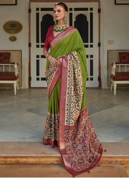 Parrot Green Khatli Work Patola Silk Saree