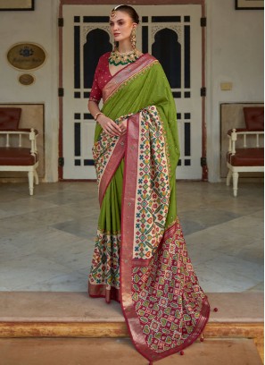 Parrot Green Khatli Work Patola Silk Saree