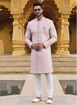 Light Onion Pink Wedding Wear Art Silk Embroidered Sherwani