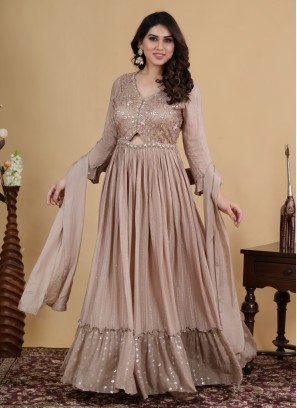 Tan Color Gown In Crepe Silk With Embroidered Work