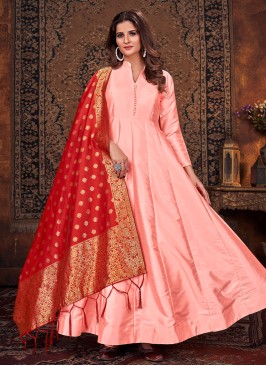 Peach Art Silk Salwar Kameez with Red Dupatta