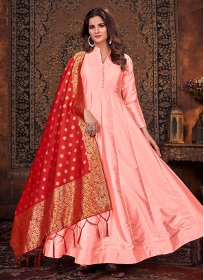 Peach Art Silk Salwar Kameez with Red Dupatta