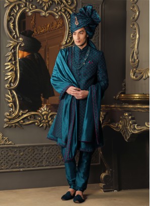 Teal Blue Art Silk Thread Embroidered Sherwani Set