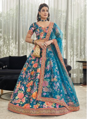 Teal Blue Art Silk Trendy Wedding Lehenga Choli