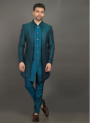 Teal Blue Color Indowestern In Art Silk Fabric