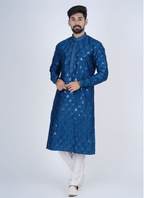 Teal Blue Designer Embroidered Kurta Set