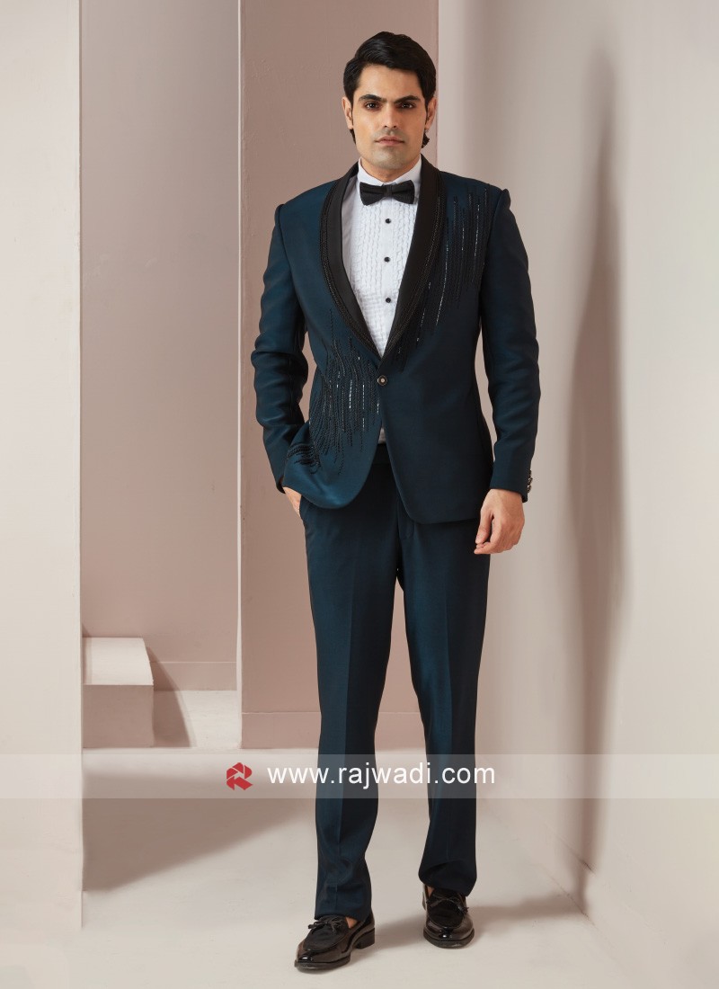 Teal Blue Embroidered Suit For Wedding