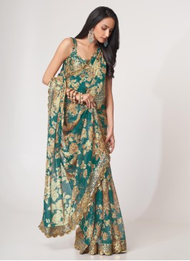 Teal Blue Floral Print Festive Wear Organza Saree