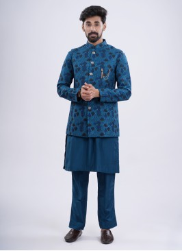 Teal Blue Jacket Kurta Set In Cotton Silk With Thread Work