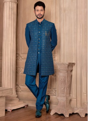 Teal Blue Jacket Style Indowestern Set With Sequins Embroidery