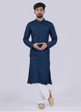 Teal Blue Kurta Pajama In Silk Fabric