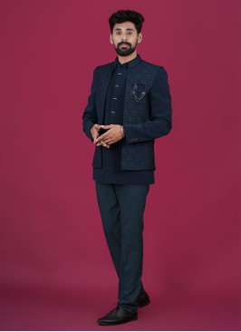 Teal Blue Open Style Jodhpuri Jacket Set