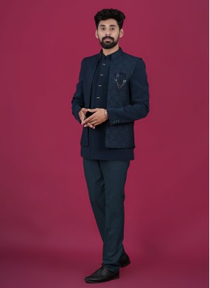 Teal Blue Open Style Jodhpuri Jacket Set