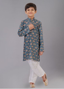 Teal Blue Printed Festive Wear Kurta Pajama