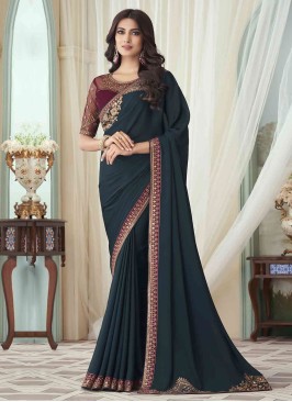 Lovely Teal Embroidered Designer Saree