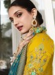 Shimmering Teal and Yellow Zari Embellished Silk Saree