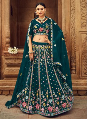 Teal Georgette Embroidered A Line Lehenga Choli