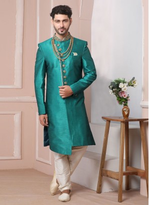 Teal Green Indowestern In Art Banarasi Silk