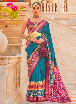 Teal and Deep Pink Patola Handwork Silk Saree