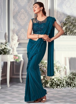 Teal Blue Stone Embroidered Ready Plated Saree