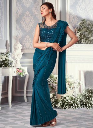 Teal Blue Stone Embroidered Ready Plated Saree