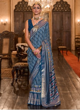 Blue Patola Printed Festive Silk Saree