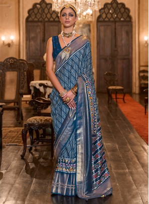 Blue Patola Printed Festive Silk Saree