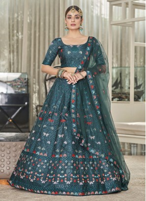 Silk A Line Lehenga Choli in Teal Color