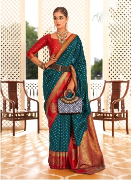 Teal Blue And Red Weaving Designer Saree