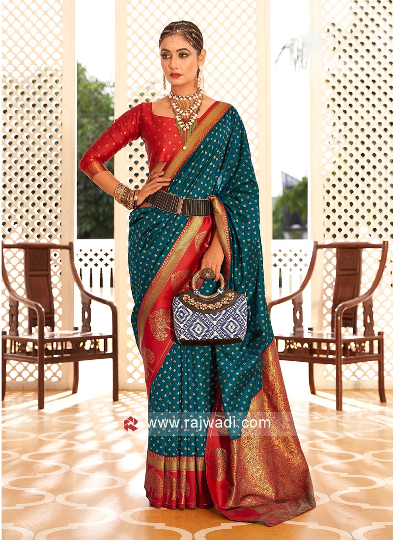 Teal Blue And Red Weaving Designer Saree