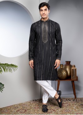 Designer Black Sequins Embroidered Kurta Pajama