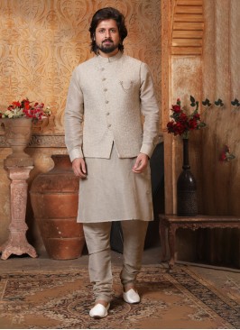 Thread Embroidered Art Banarasi Silk Nehru Jacket Set For Men