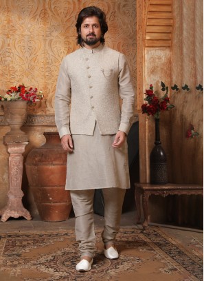 Thread Embroidered Art Banarasi Silk Nehru Jacket Set For Men