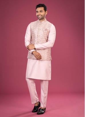 Thread Embroidered Art Silk Nehru Jacket Set