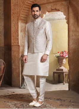 Thread Embroidered Beige Nehru Jacket Set