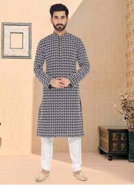 Thread Embroidered Black And White Kurta Pajama