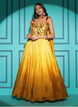 Thread Embroidered Chinon Silk Yellow Gown