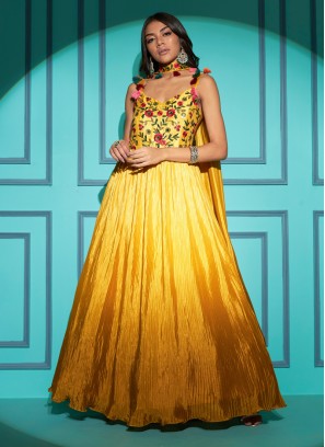 Thread Embroidered Chinon Silk Yellow Gown