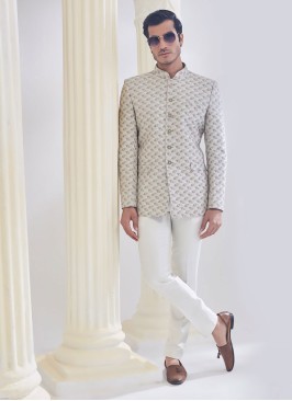 Thread Embroidered Designer Cream Jodhpuri Suit