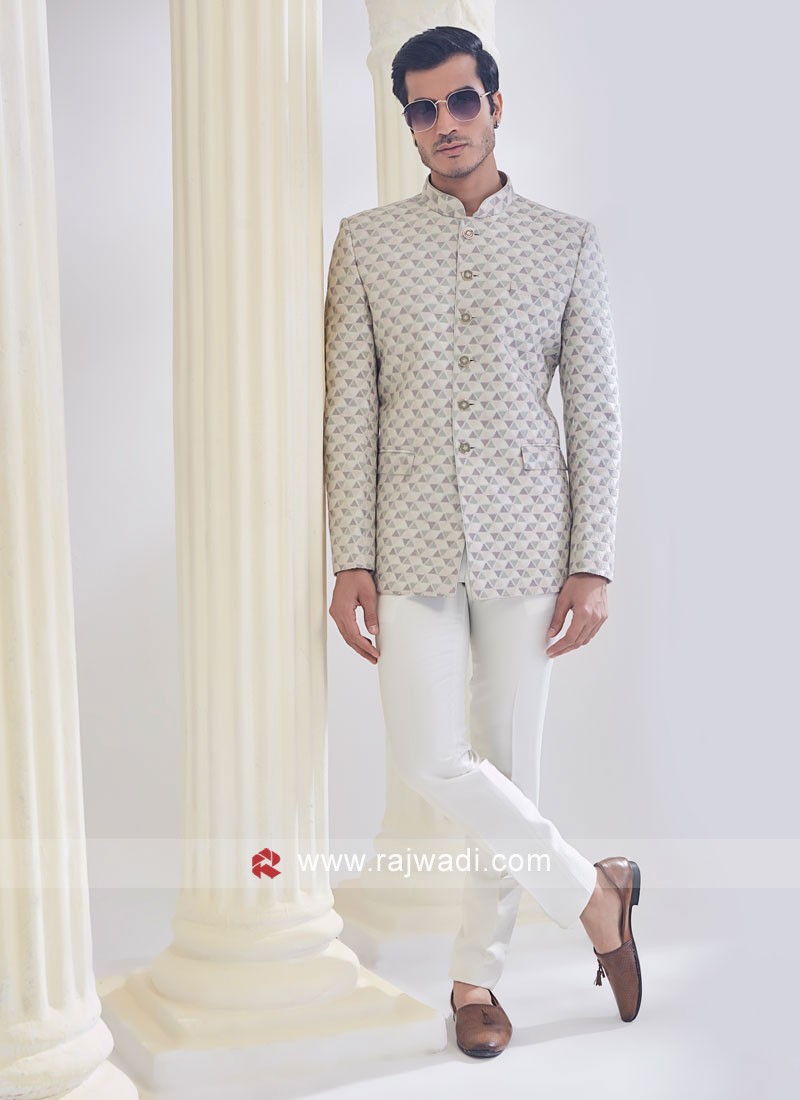 Thread Embroidered Designer Cream Jodhpuri Suit