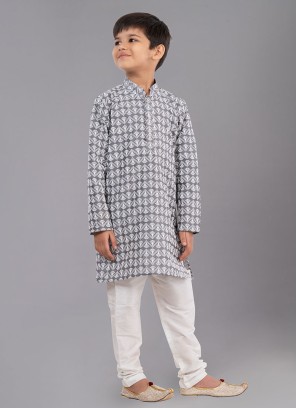 Thread Embroidered Grey Readymade Kurta Pajama