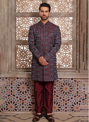 Thread Embroidered Indowestern In Maroon Color