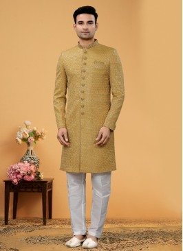 Thread Embroidered Indowestern Set In Dark Goldenrod Color