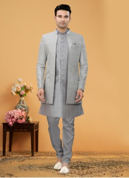 Thread Embroidered Jacket Style Indowestern Set