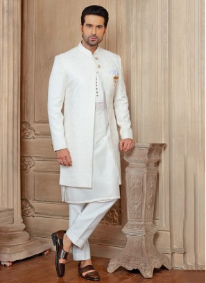 Thread Embroidered Jacket Style White Indowestern Set