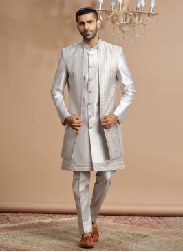 Thread Embroidered Jacket Style White Indowestern Set