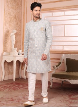 Thread Embroidered Light Grey Indowestern Set